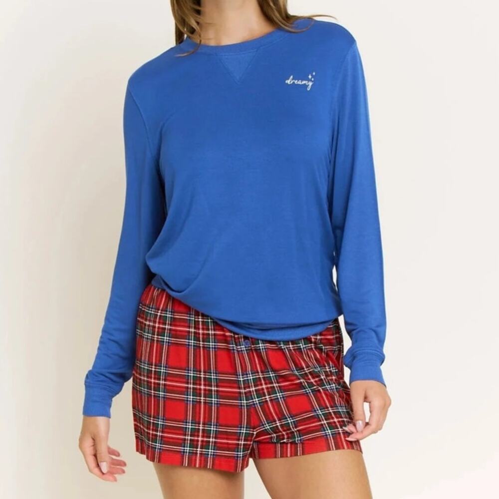 NWT Honeydew Sapphire Plaid Sugar Sweetheart Dreamy Long Sleeve Shortie Set Sz L